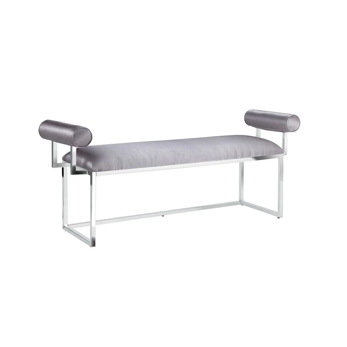 Chic Silver Satin Bench with Stainless Steel Base