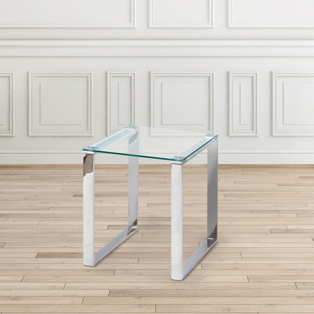 Contemporary Glass-Top End Table with Polished Steel Frame