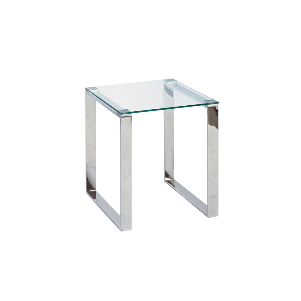 Contemporary Glass-Top End Table with Polished Steel Frame