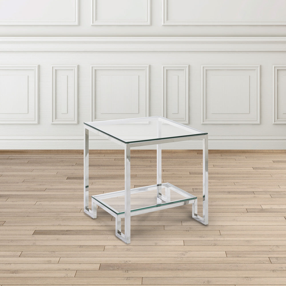 Elegant Glass Side Table with Polished Steel Frame