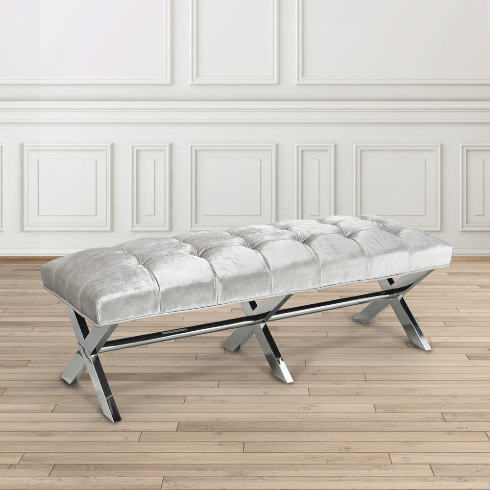Elegance Charcoal Tufted Velvet Bench with Geometric Stainless Steel Base