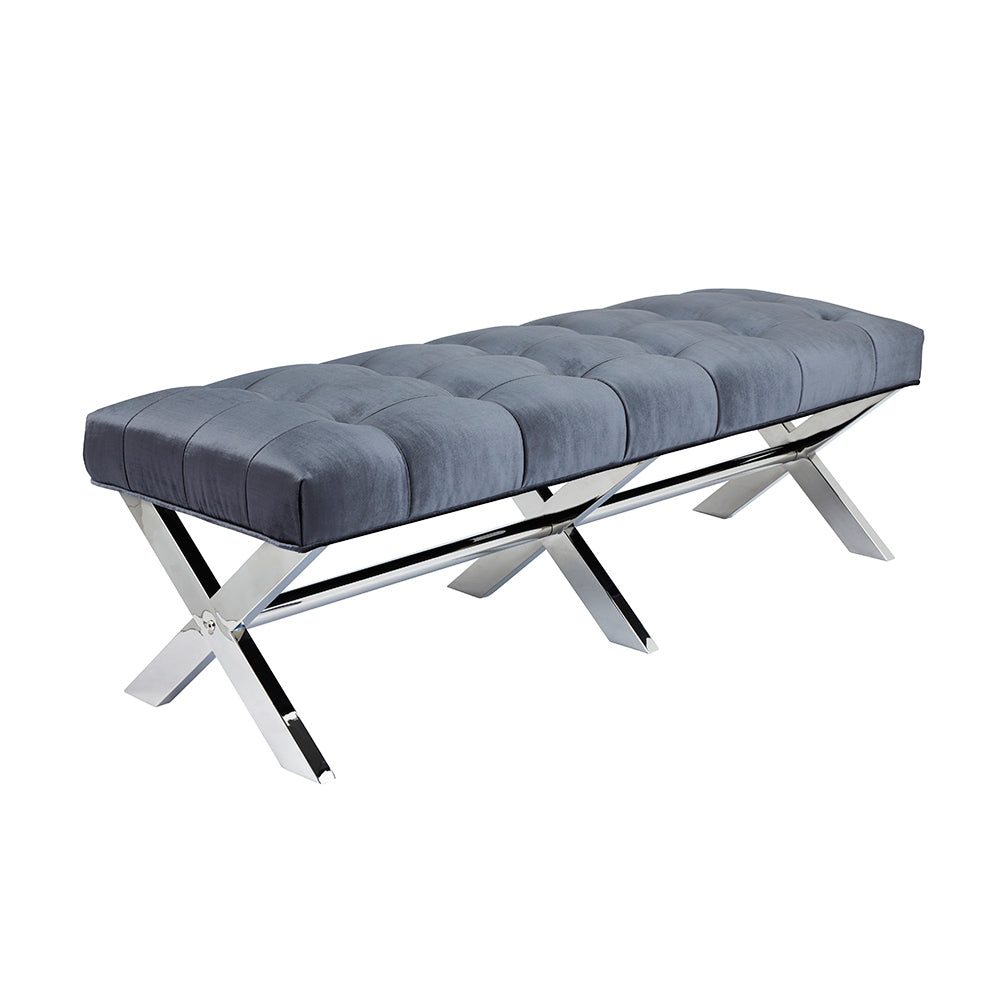 Elegance Charcoal Tufted Velvet Bench with Geometric Stainless Steel Base