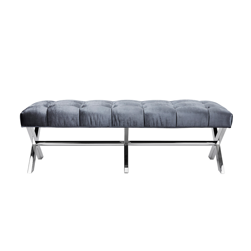 Elegance Charcoal Tufted Velvet Bench with Geometric Stainless Steel Base