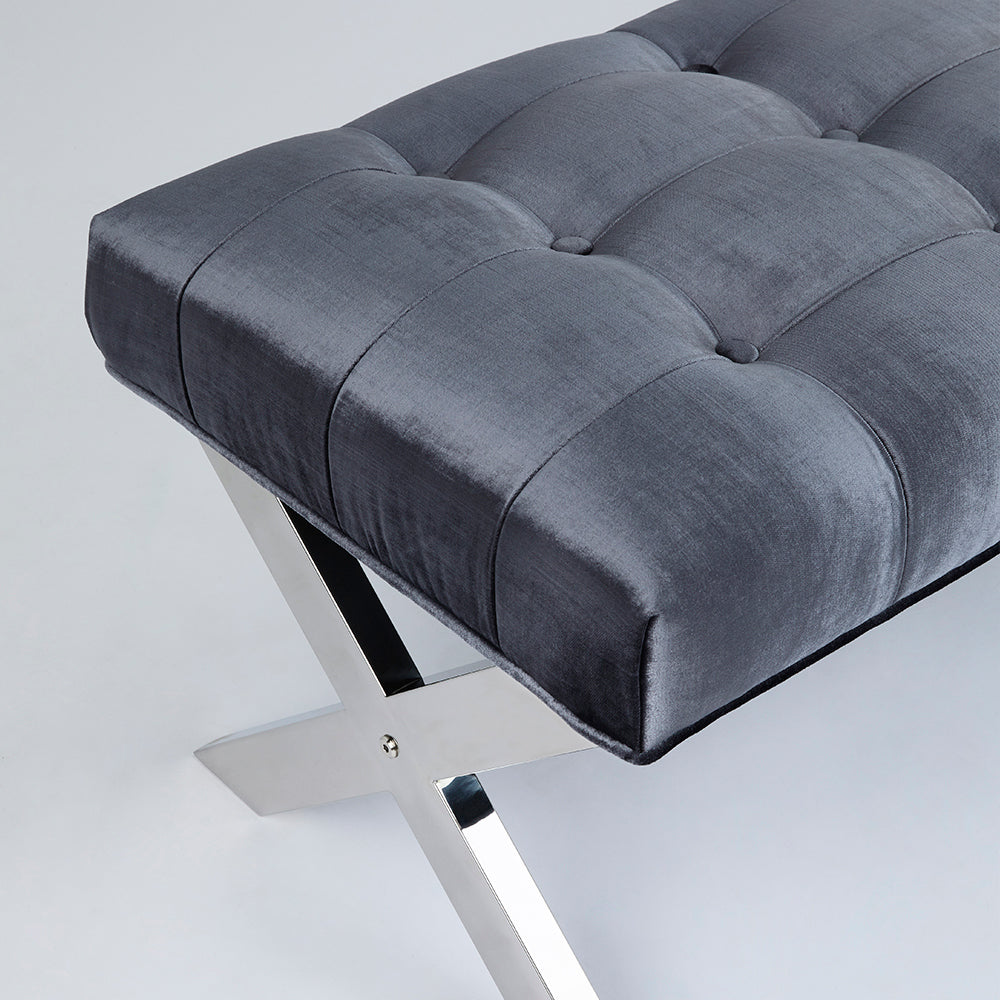 Elegance Charcoal Tufted Velvet Bench with Geometric Stainless Steel Base
