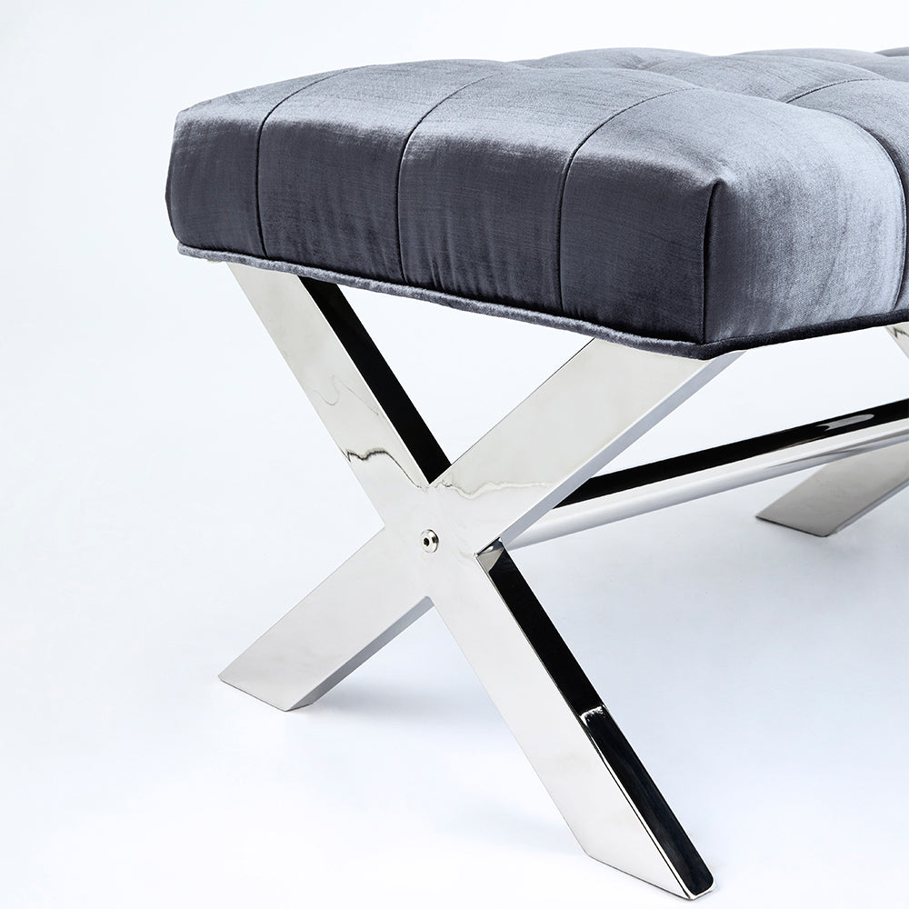 Elegance Charcoal Tufted Velvet Bench with Geometric Stainless Steel Base