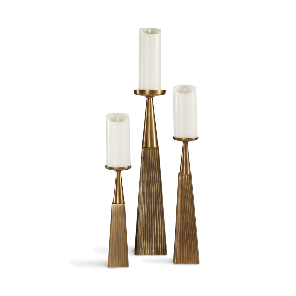 Textured Elegance Antique Brass Pillar Candle Holders - Trio Set