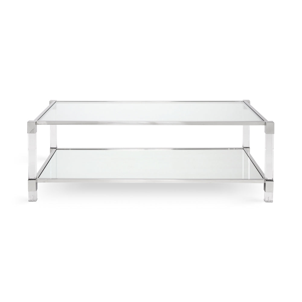 Modern Chic Polished Steel and Acrylic Coffee Table with Glass Shelf