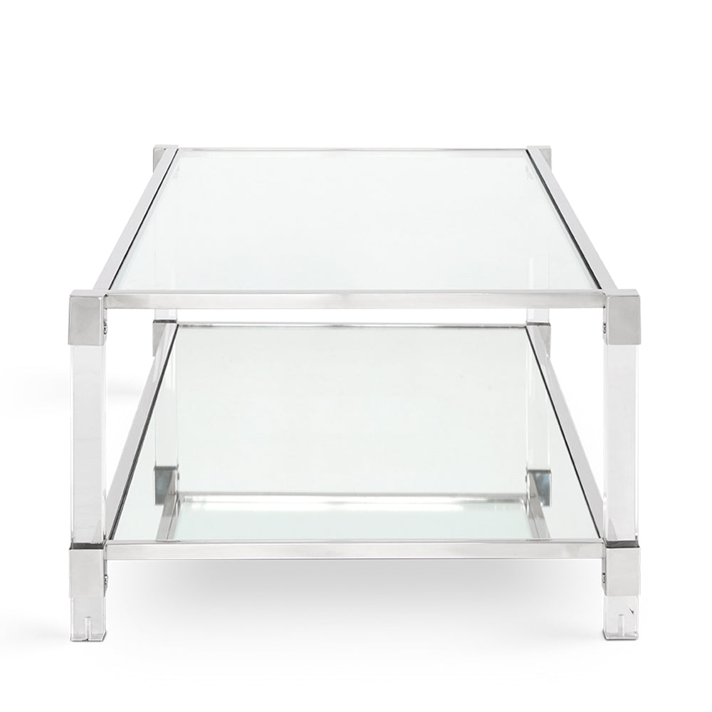 Modern Chic Polished Steel and Acrylic Coffee Table with Glass Shelf