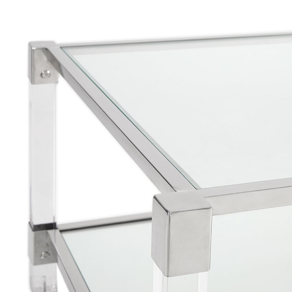 Modern Chic Polished Steel and Acrylic Coffee Table with Glass Shelf