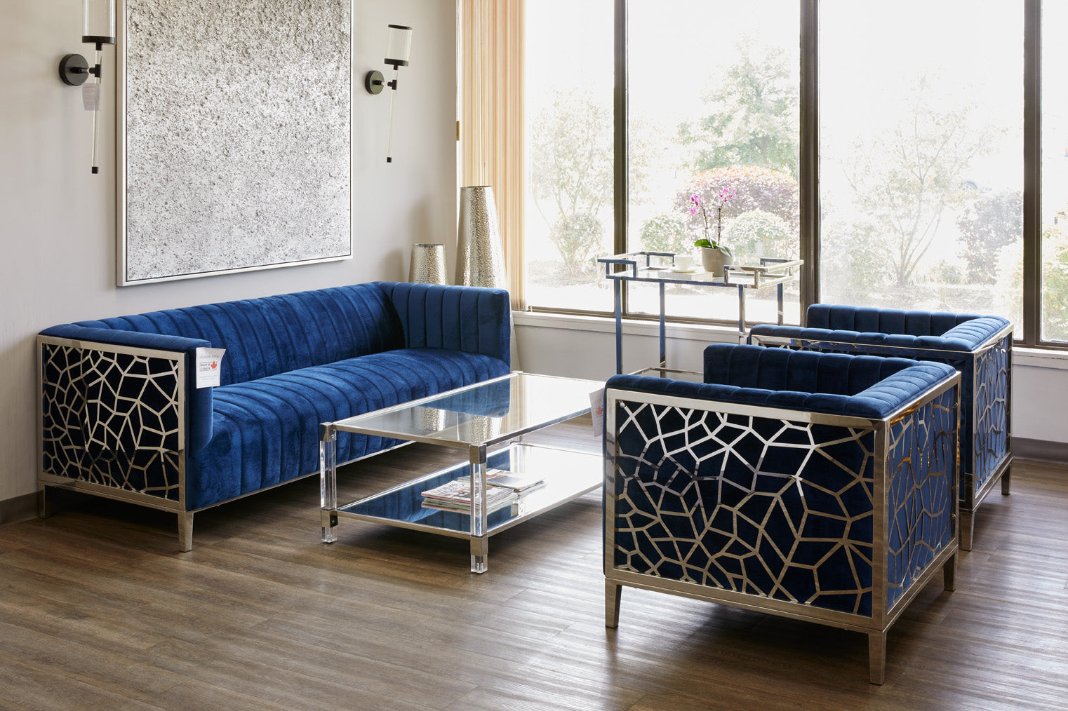 Modern Chic Polished Steel and Acrylic Coffee Table with Glass Shelf