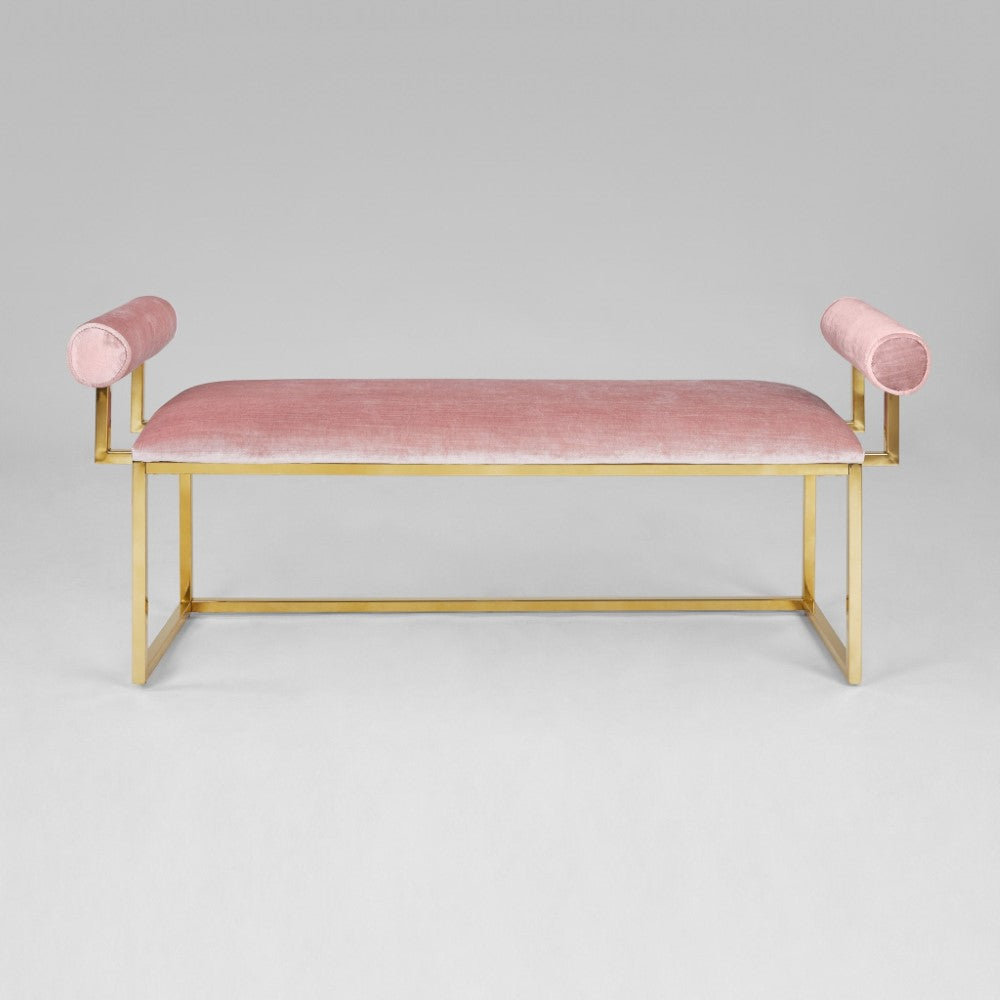 Elegant Pink Velvet Bench with Polished Gold Base