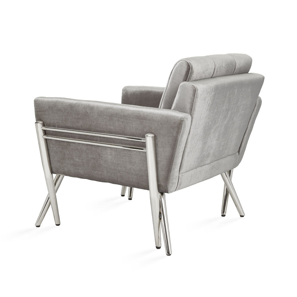 Morgan Velvet Elegance Accent Chair in Grey with Crisscross Steel Legs