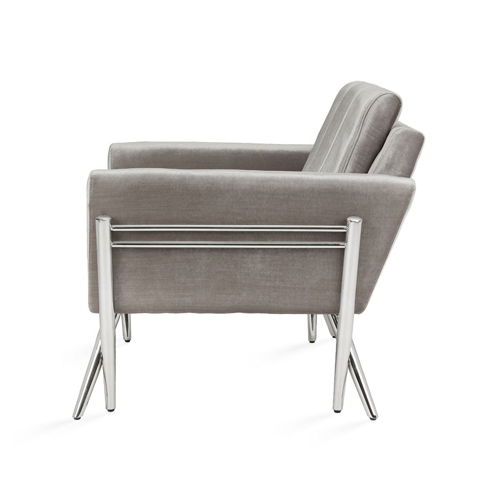 Morgan Velvet Elegance Accent Chair in Grey with Crisscross Steel Legs