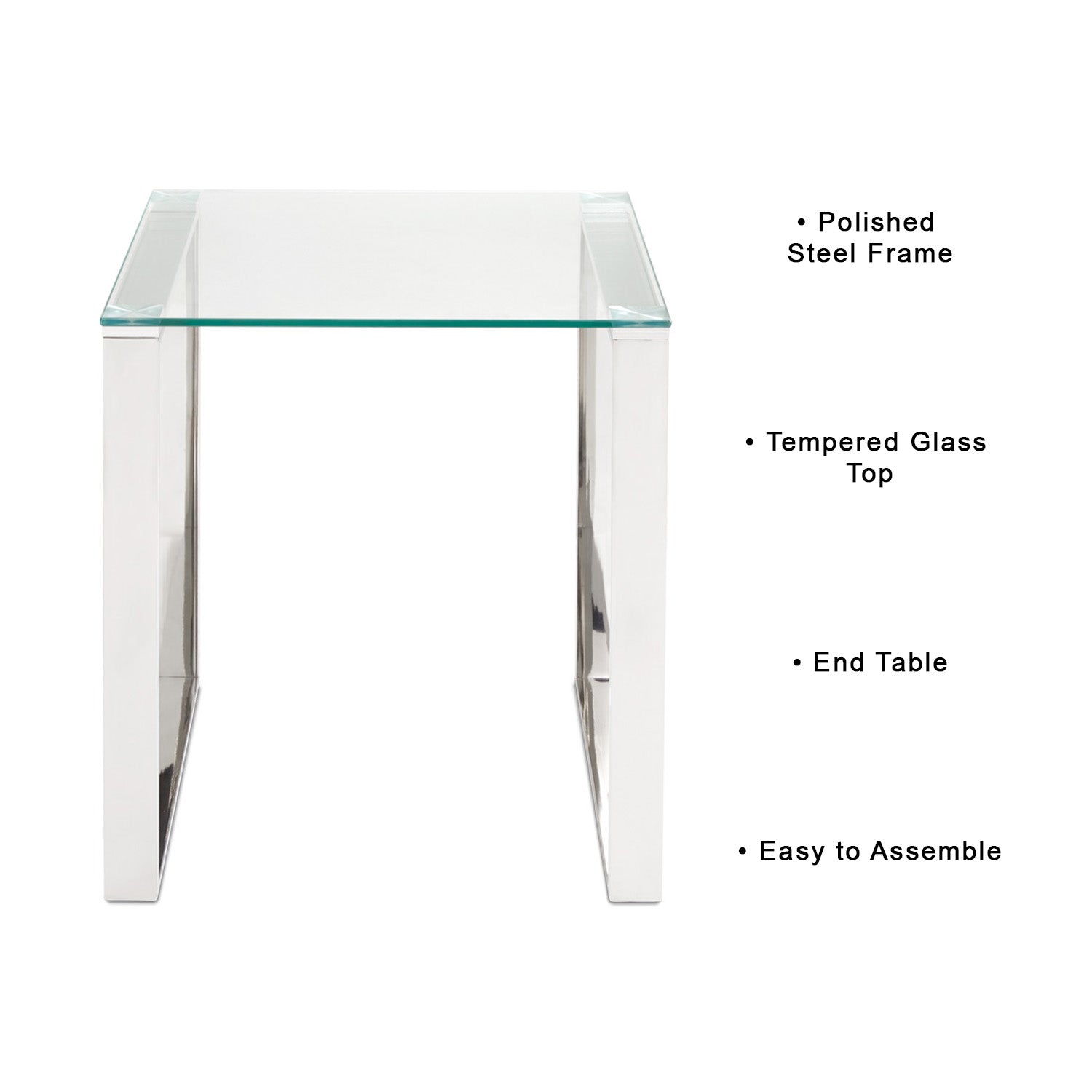 Contemporary Glass-Top End Table with Polished Steel Frame
