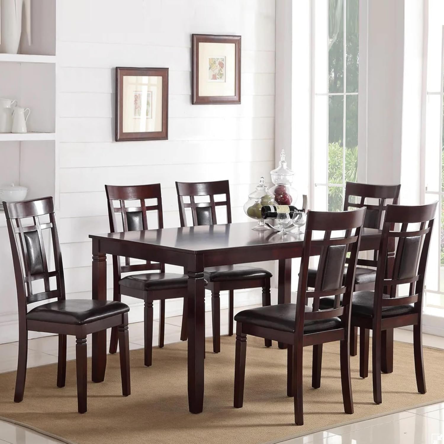 Elegant Espresso Finish 7 Piece Dining Set with Leather Seats