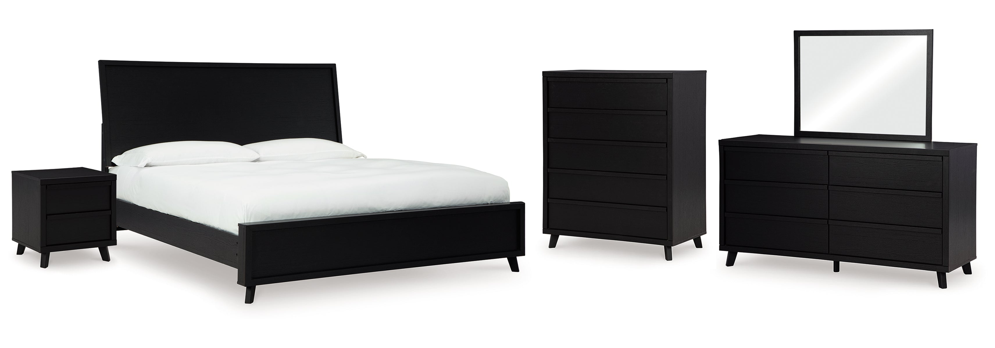 Danziar King Panel Bed with Mirrored Dresser, Chest and Nightstand