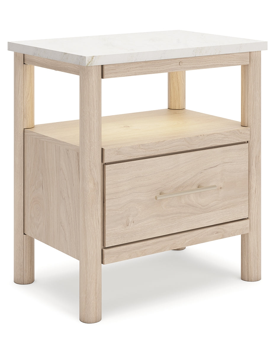 Cadmori Queen Upholstered Panel Bed with Mirrored Dresser, Chest and Nightstand