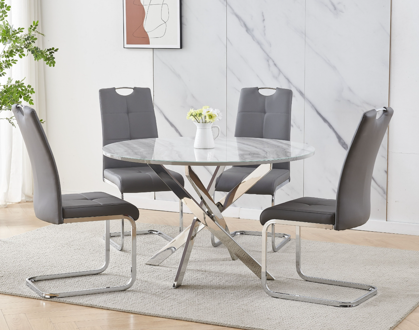 Elegant Marble-Top Dining Table with Velvety Chairs Ensemble