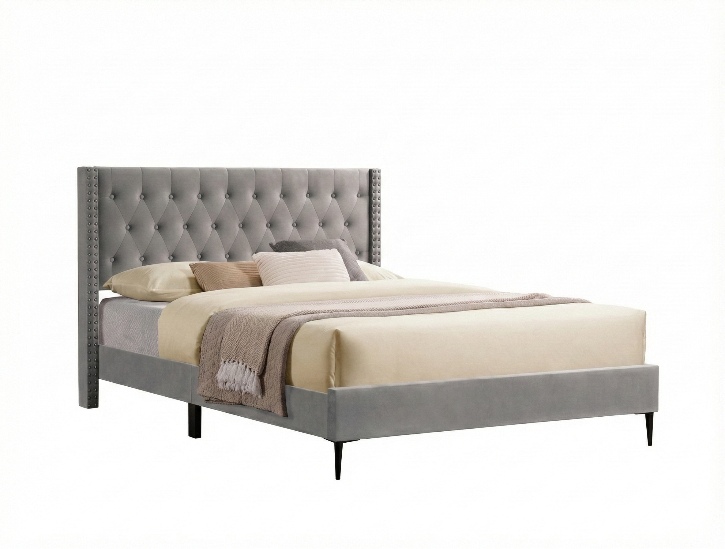 Luxury Grey Velvet Upholstered Platform Bed with Tufted Wing Headboard