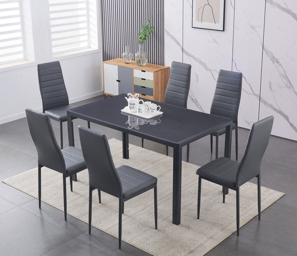 Modern Grey Glass Dining Table Set with 6 Upholstered Chairs