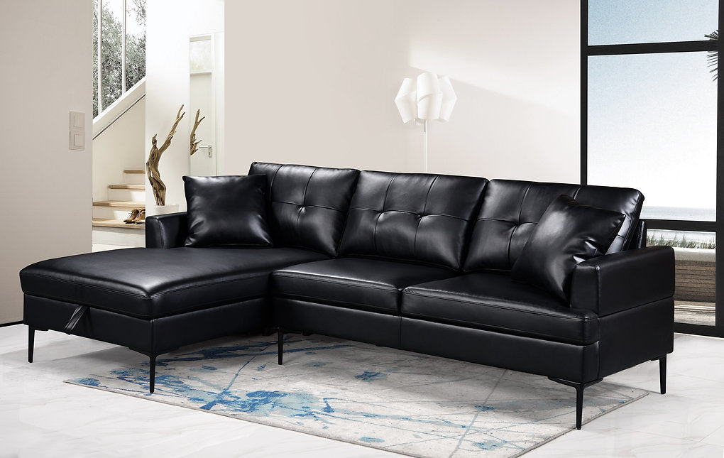 Luxurious Black Leather Chaise Sectional with Storage