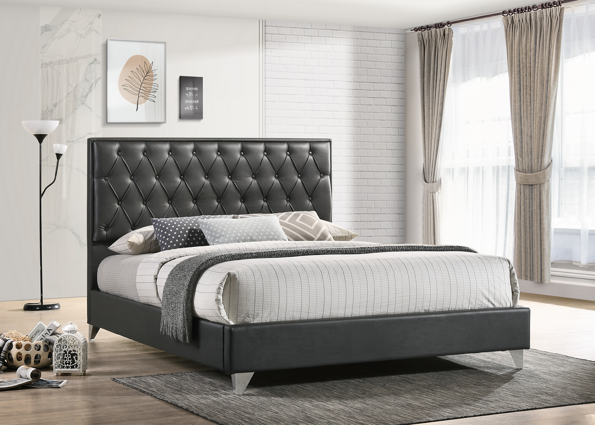 Modern Grey PU Upholstered Bed with Diamond Button Tufting and Chrome Legs