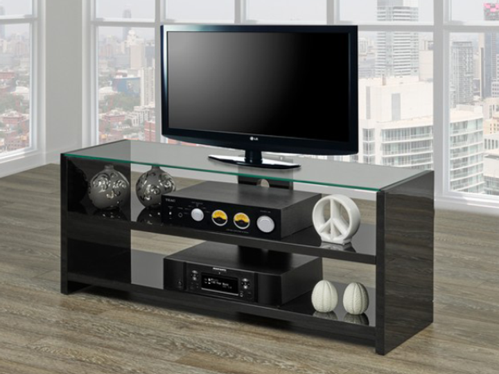 Sleek Black High Gloss TV Stand with Glass Shelves