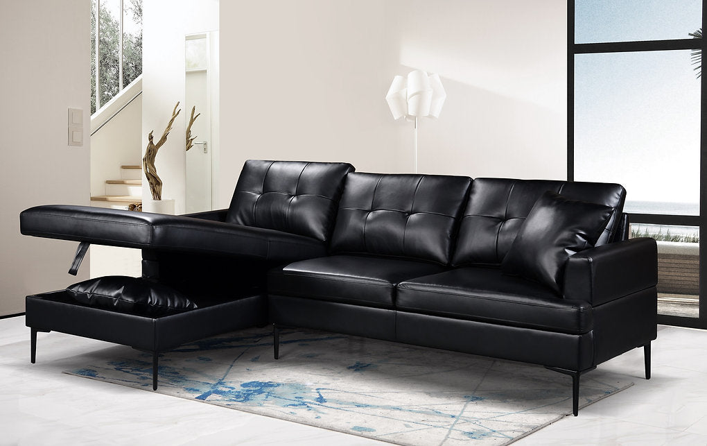 Luxurious Black Leather Chaise Sectional with Storage