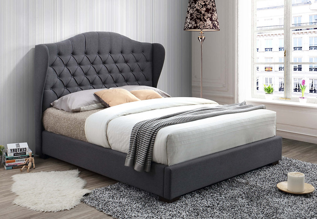 Elegant Grey Fabric Upholstered King Bed with Tufted Wingback Headboard