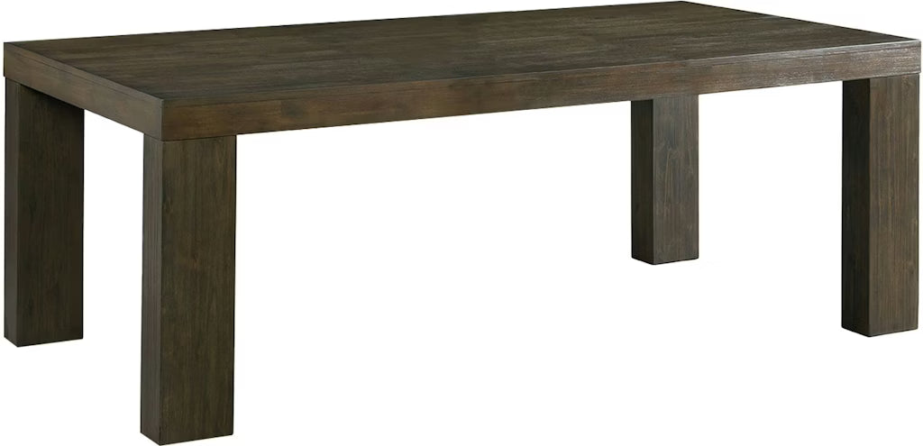 Wooden dining table with a dark brown finish on a white background