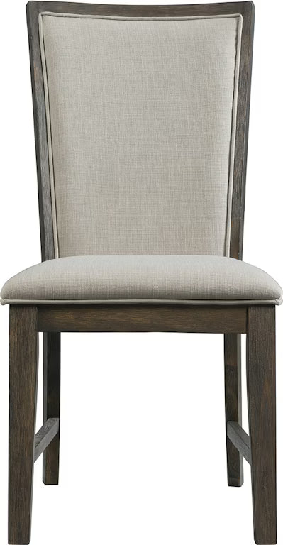 Dining chair with gray upholstered back and seat on a white background