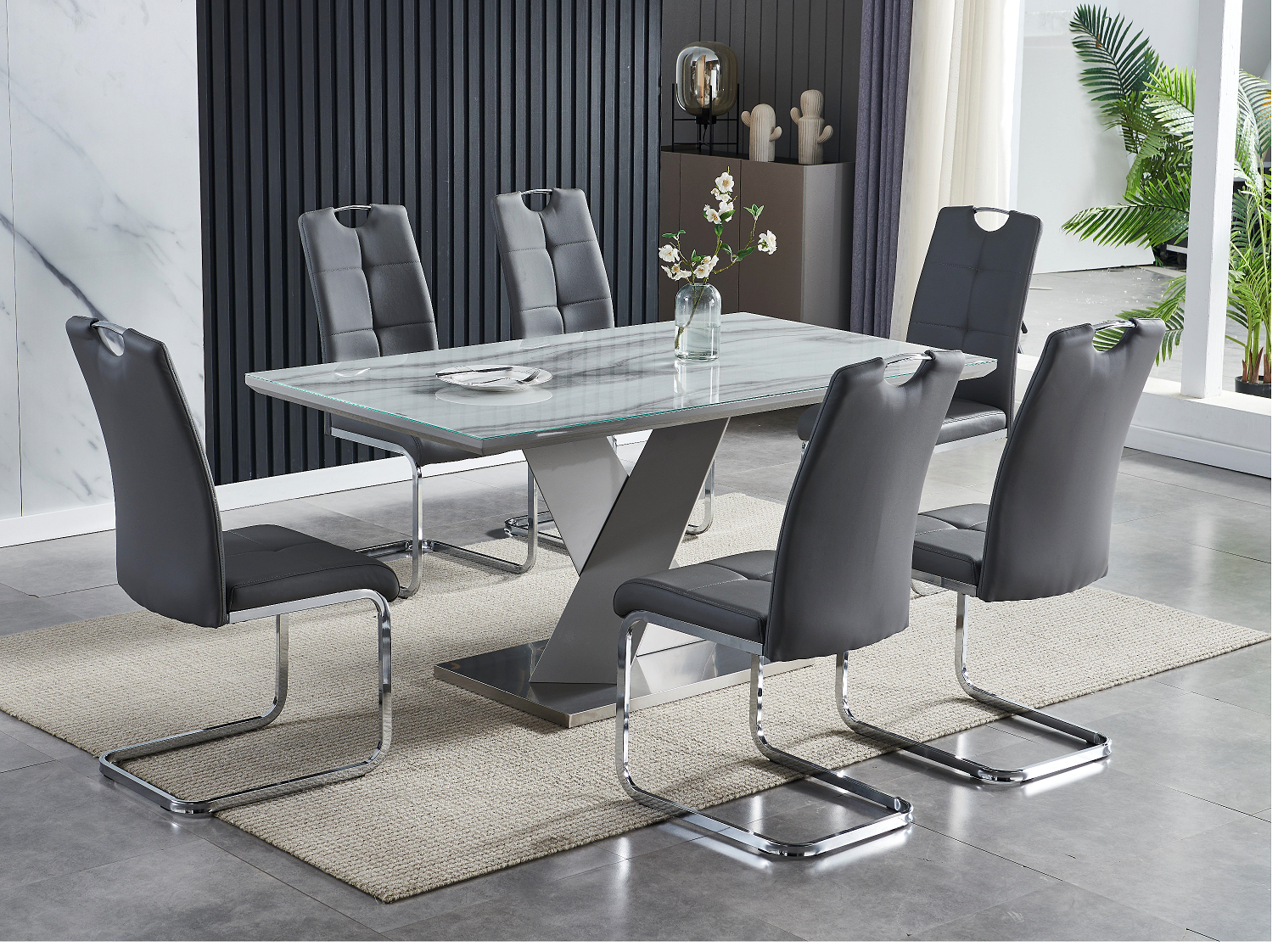 Chic Marble Illusion Dining Table with Versatile Seating Options