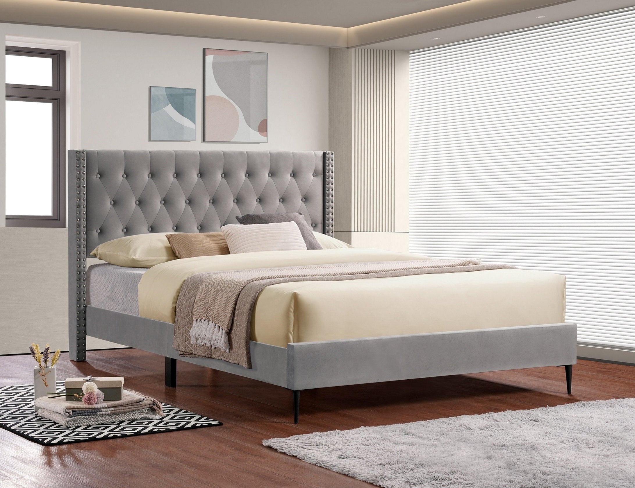 Luxury Grey Velvet Upholstered Platform Bed with Tufted Wing Headboard