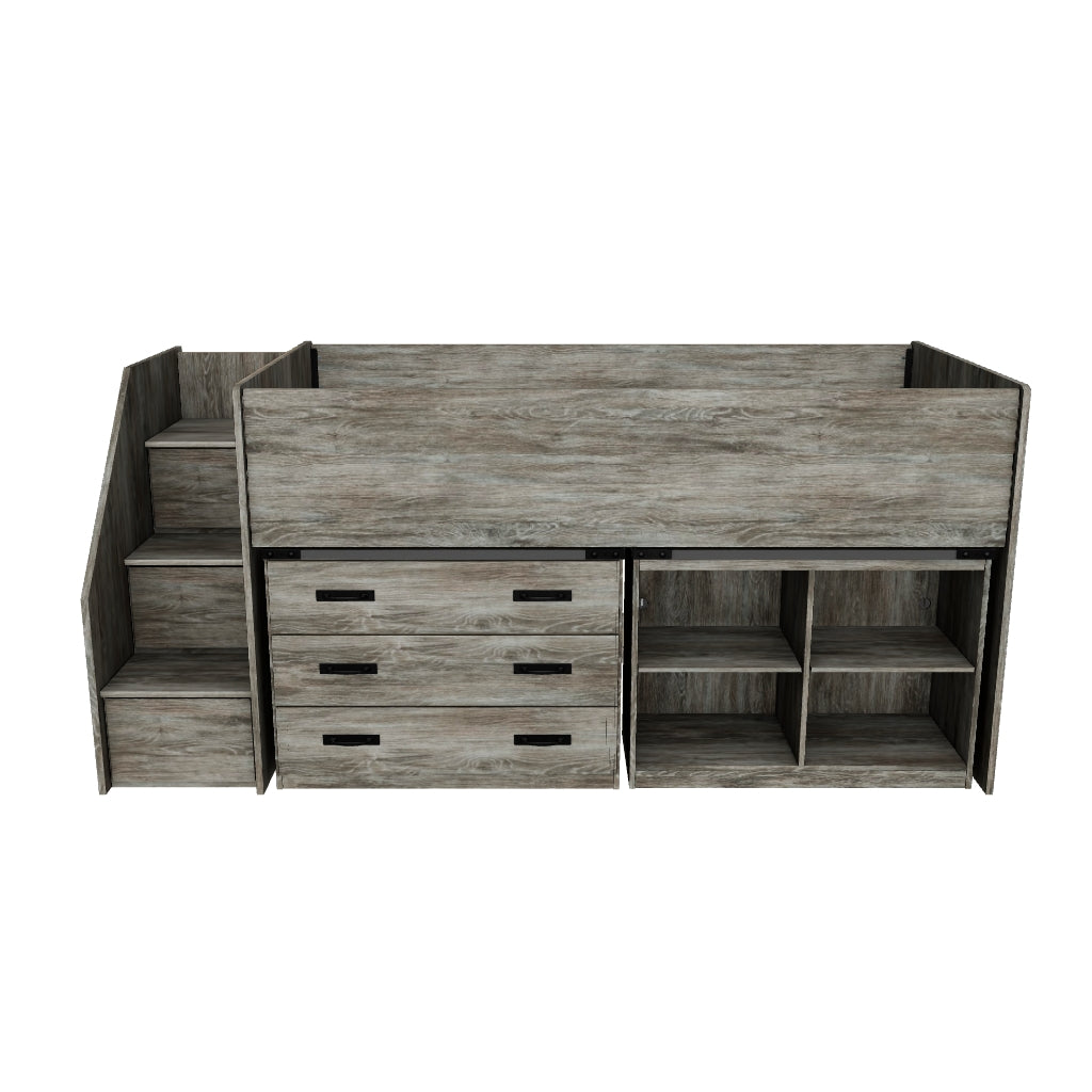 Frandern Twin Loft Bed with Bookcase and Drawer Storage