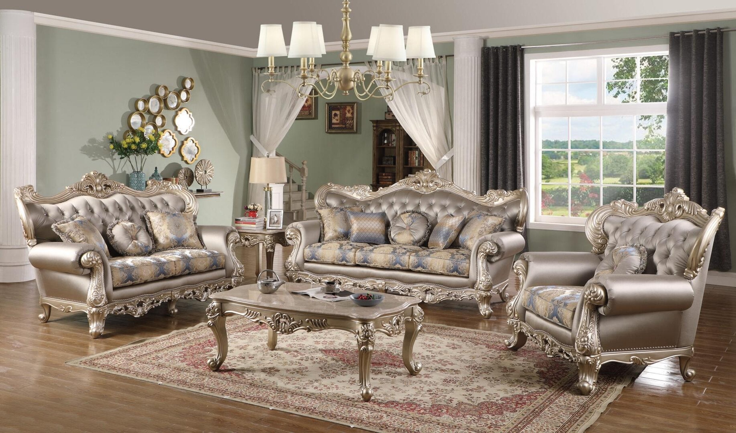 Silver Finish Wood Sofa Set 3Pcs Transitional
