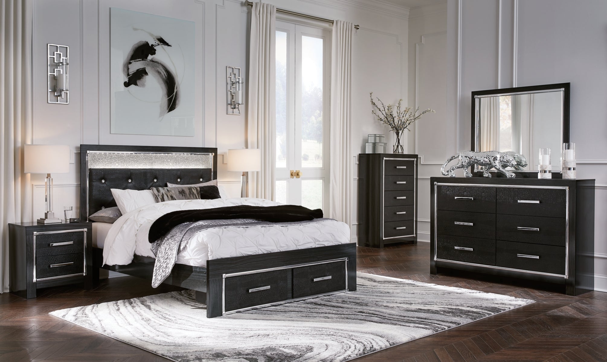 Kaydell Queen Upholstered Panel Storage Bed with Mirrored Dresser, Chest and 2 Nightstands