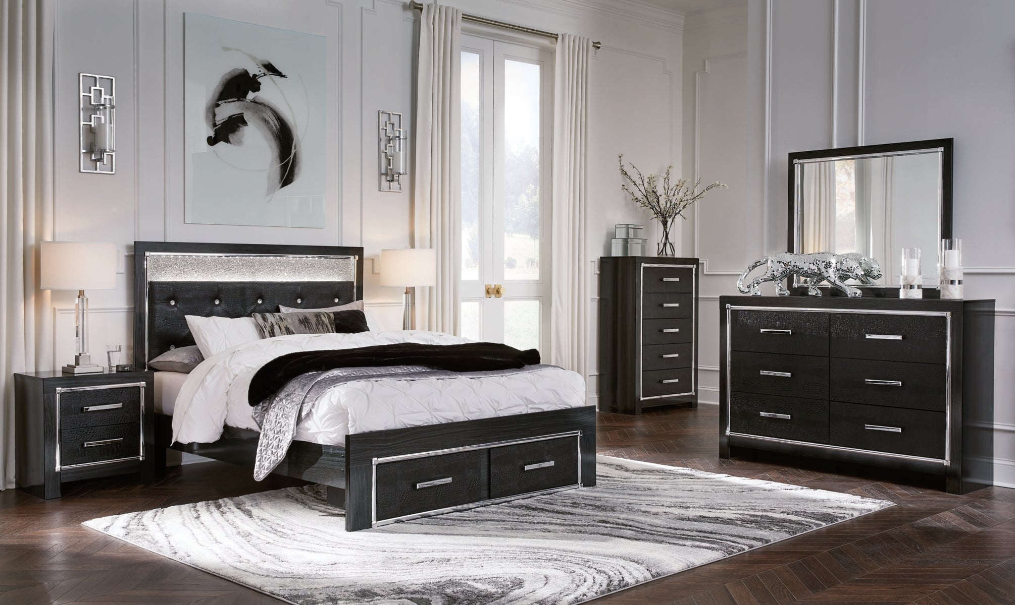 Kaydell Queen Upholstered Panel Storage Platform Bed with Mirrored Dresser, Chest and 2 Nightstands