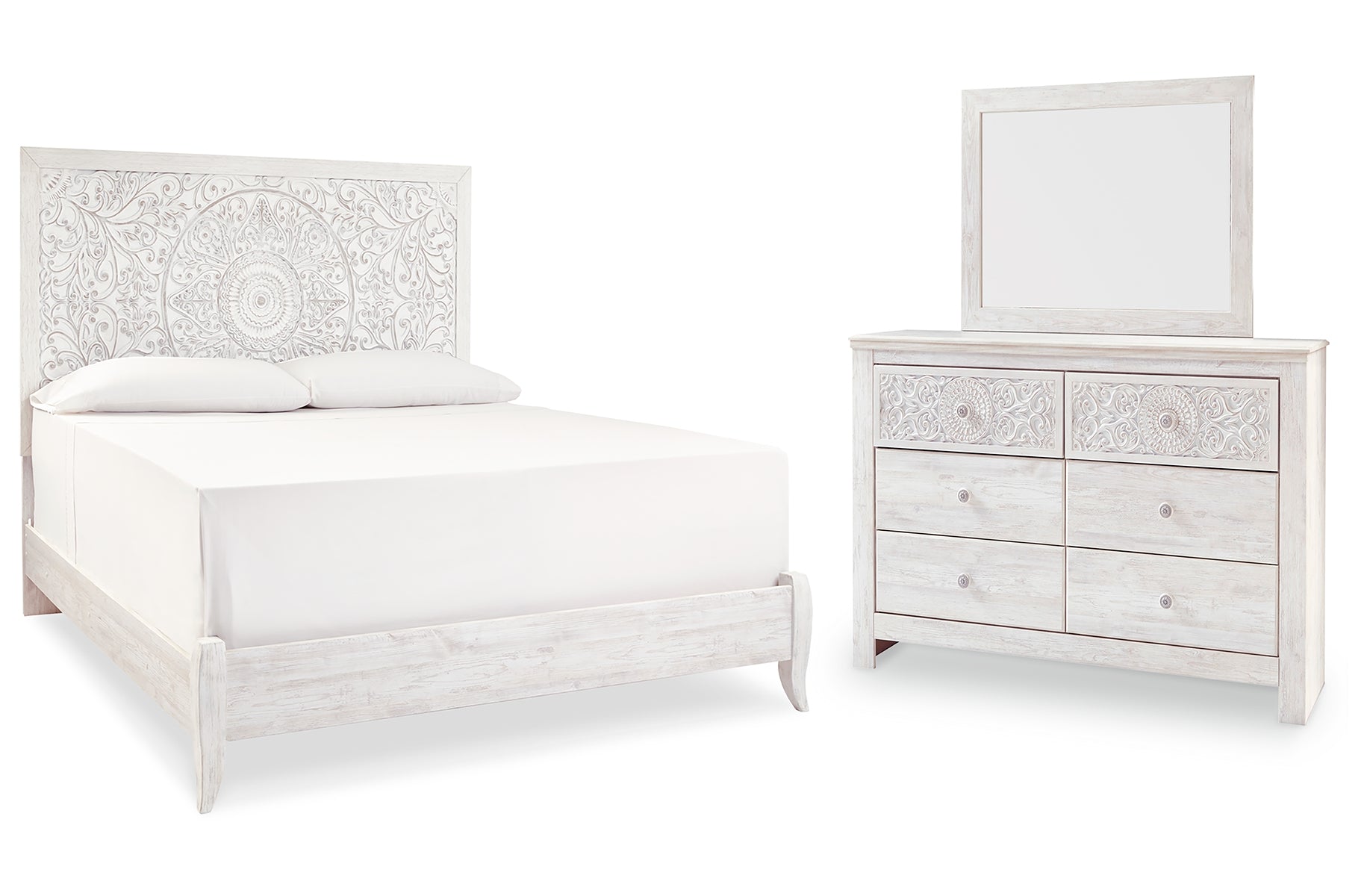 Paxberry King Panel Bed with Mirrored Dresser