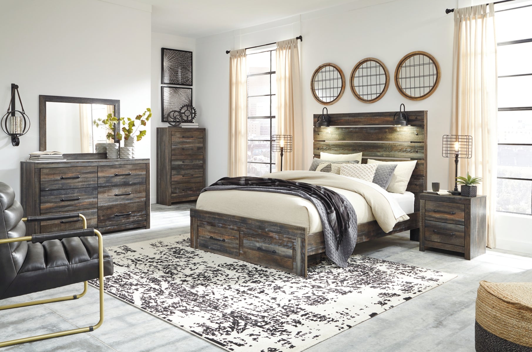 Drystan Queen Panel Bed with 2 Storage Drawers with Mirrored Dresser