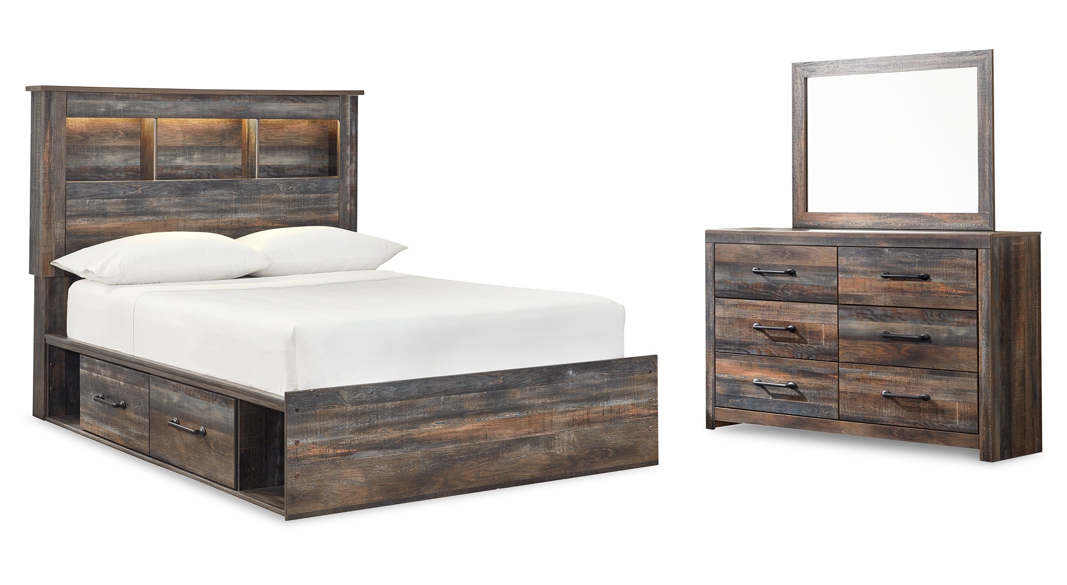 Drystan Full Bookcase Bed with 4 Storage Drawers with Mirrored Dresser