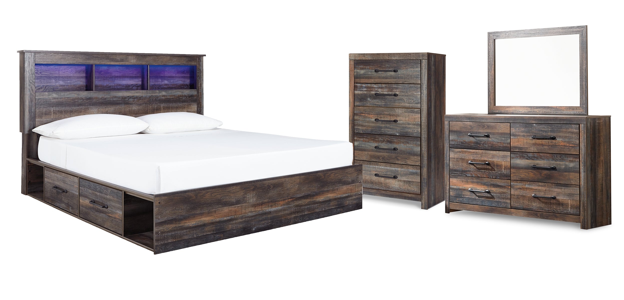 Drystan King Bookcase Bed with 4 Storage Drawers with Mirrored Dresser and Chest