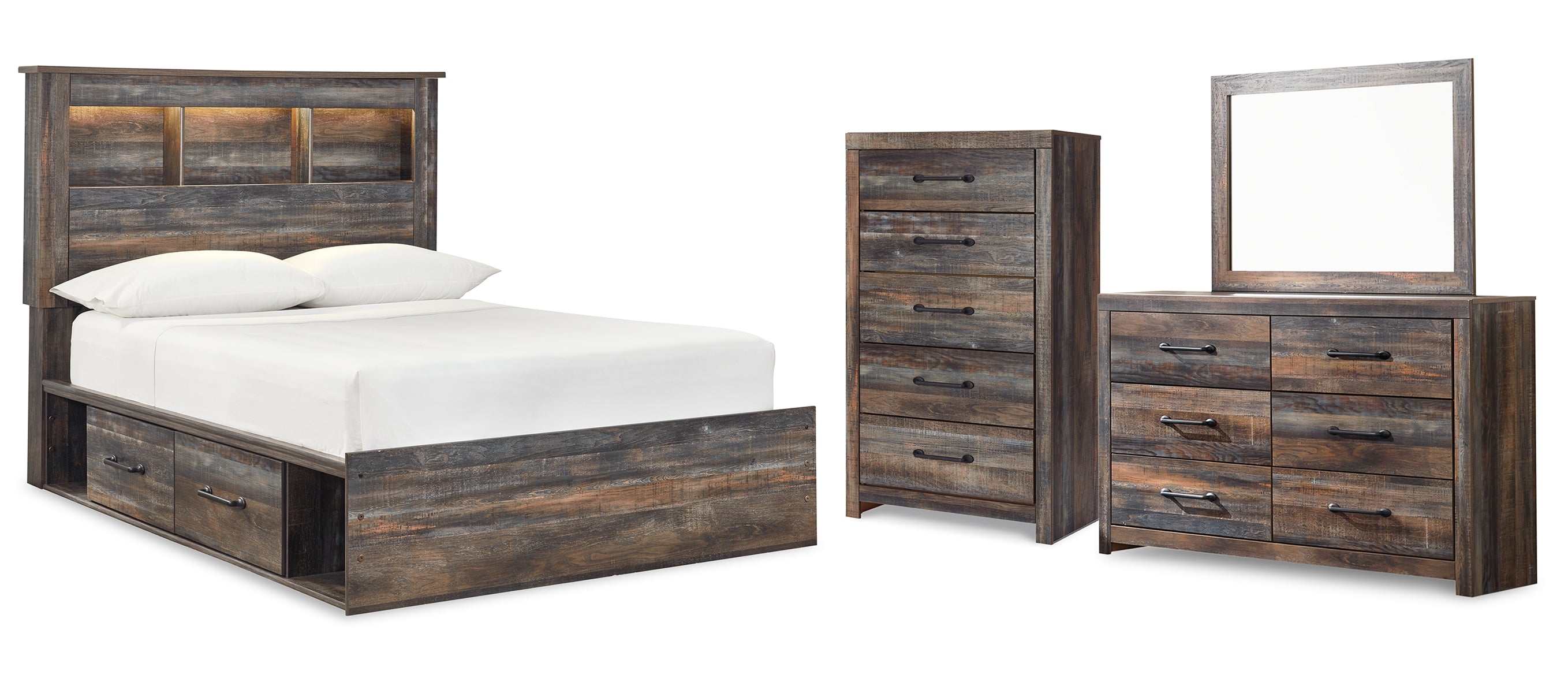Drystan Full Bookcase Bed with 4 Storage Drawers with Mirrored Dresser and Chest