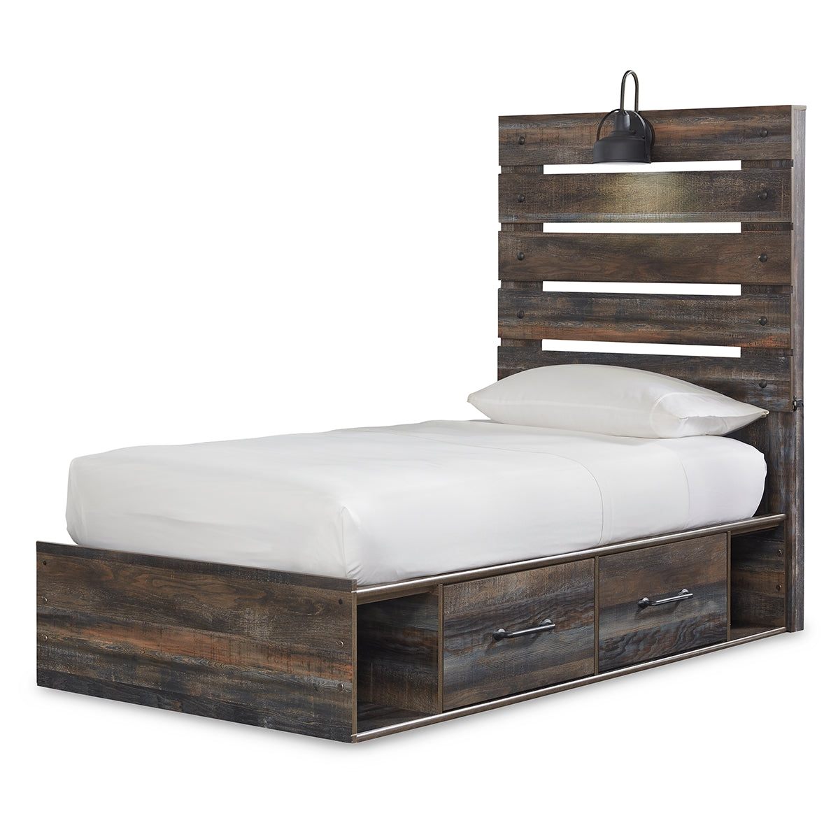 Drystan Twin Panel Bed with 4 Storage Drawers with Mirrored Dresser and Chest