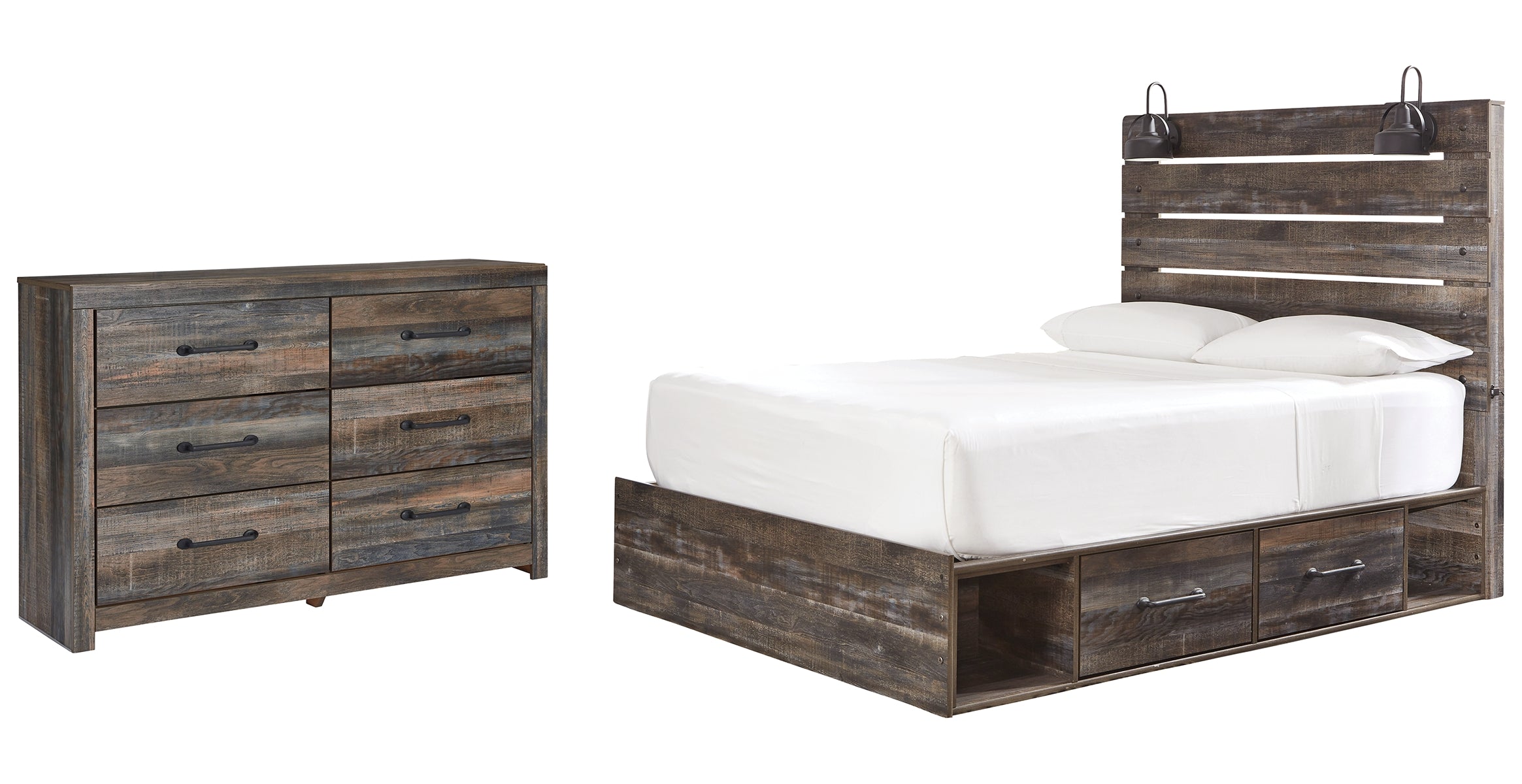 Drystan Queen Panel Bed with 2 Storage Drawers with Dresser
