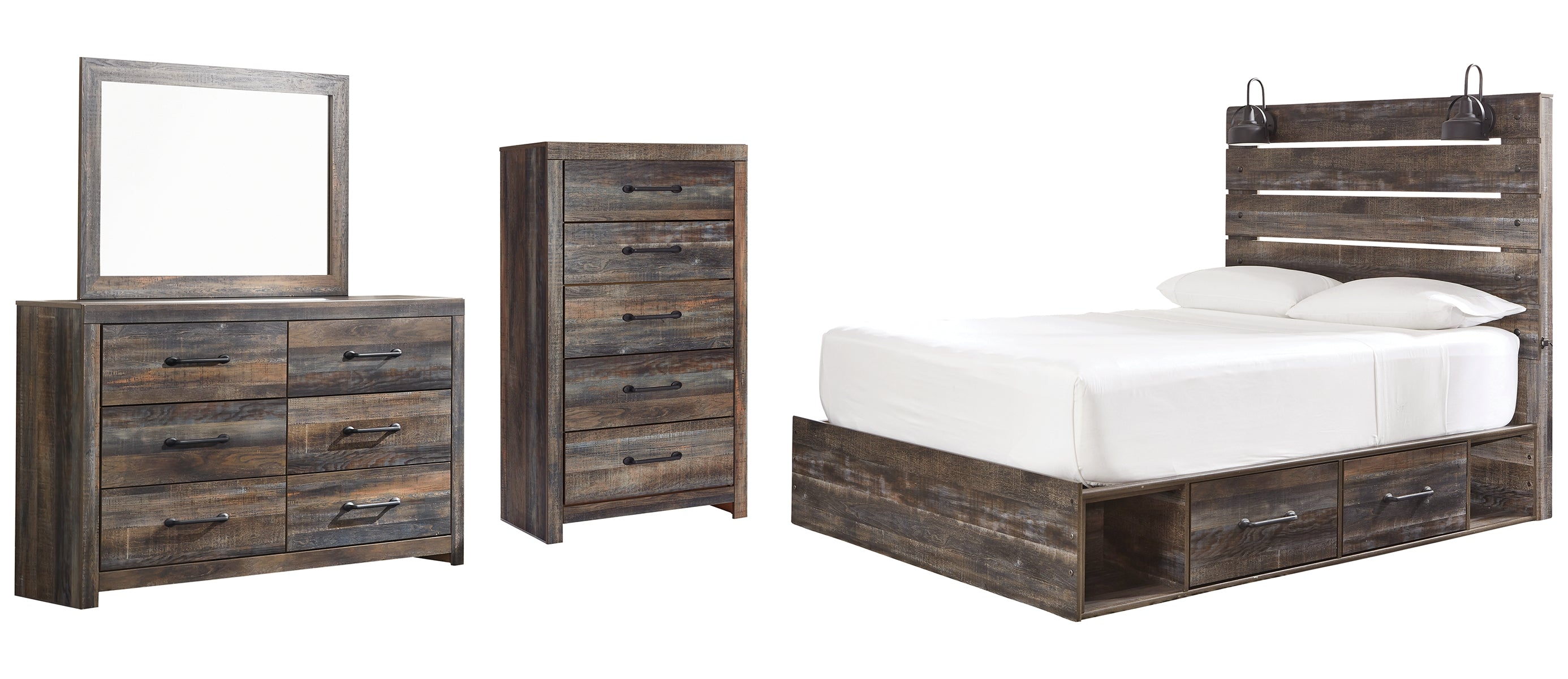 Drystan Queen Panel Bed with 2 Storage Drawers with Mirrored Dresser and Chest