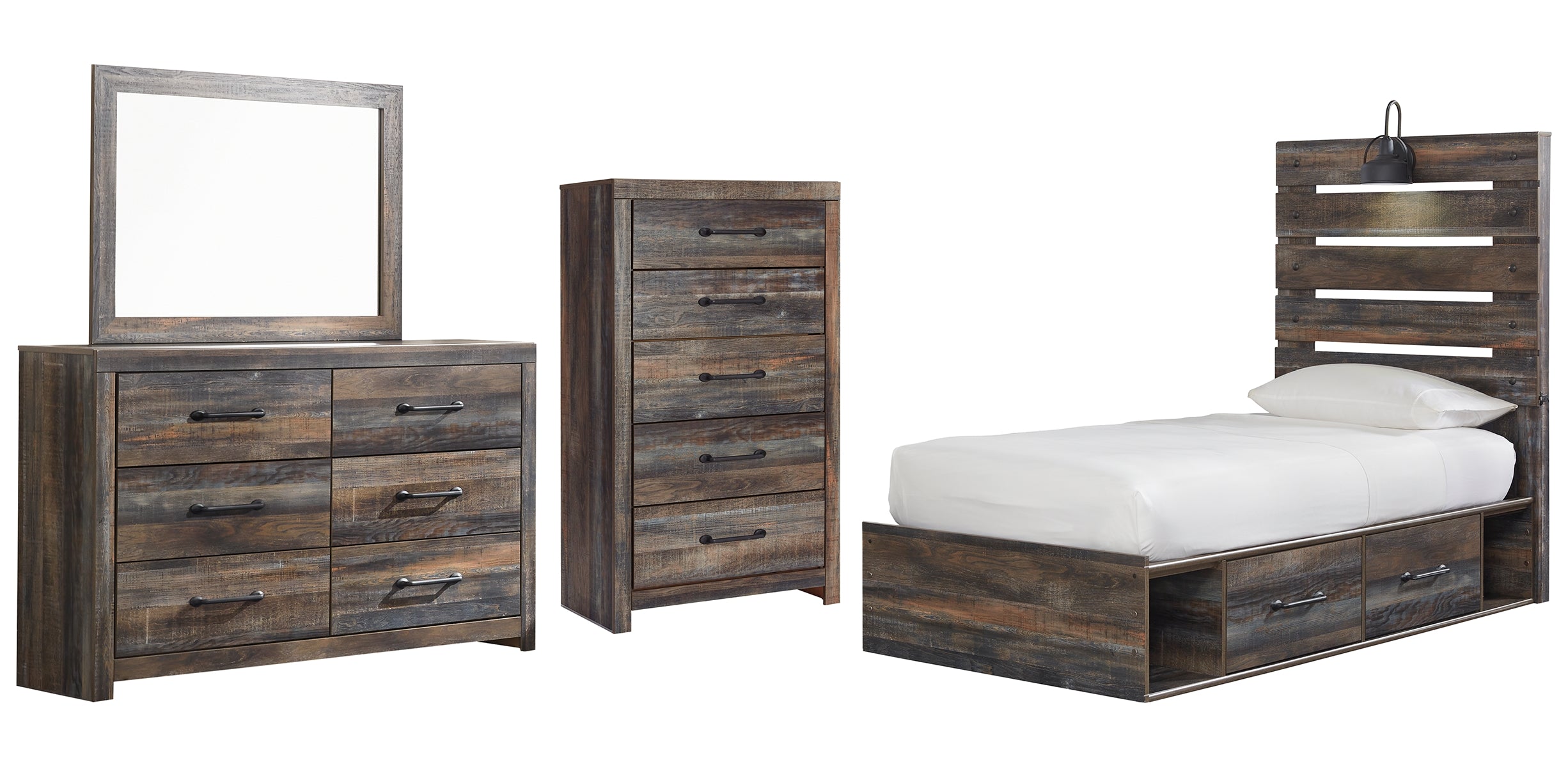 Drystan Twin Panel Bed with 4 Storage Drawers with Mirrored Dresser and Chest