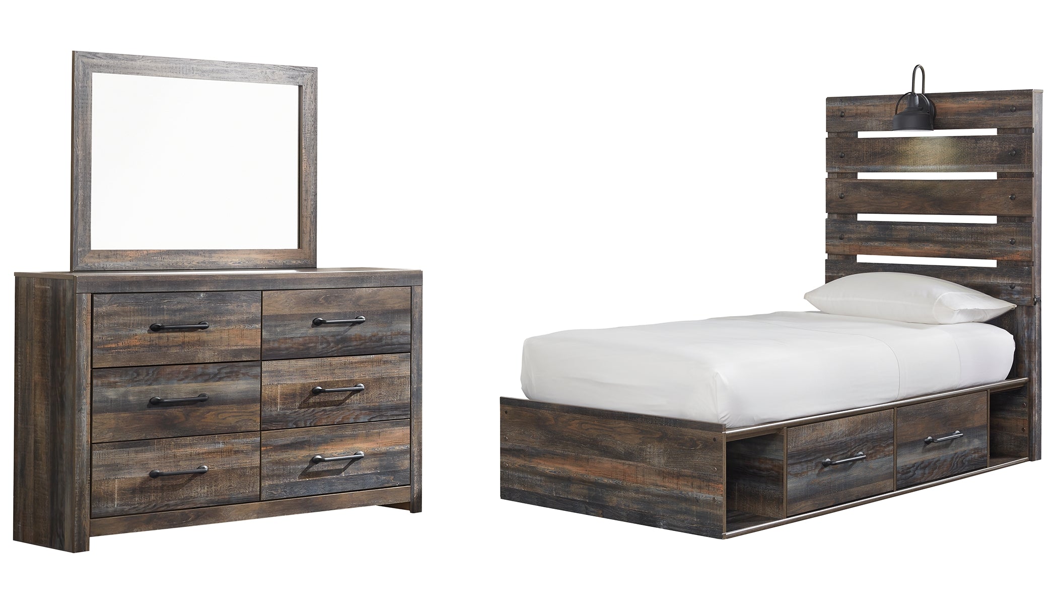 Drystan Twin Panel Bed with 4 Storage Drawers with Mirrored Dresser