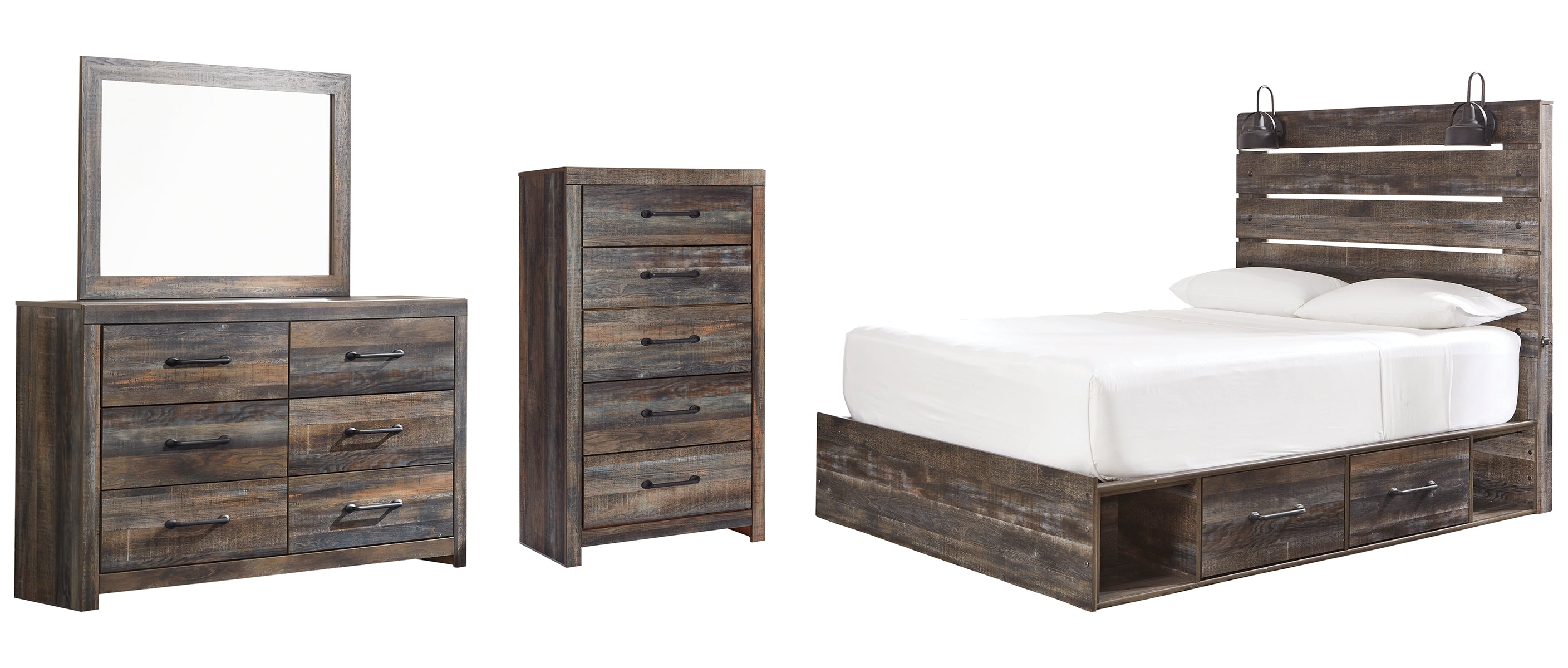 Drystan Queen Panel Bed with 4 Storage Drawers with Mirrored Dresser and Chest