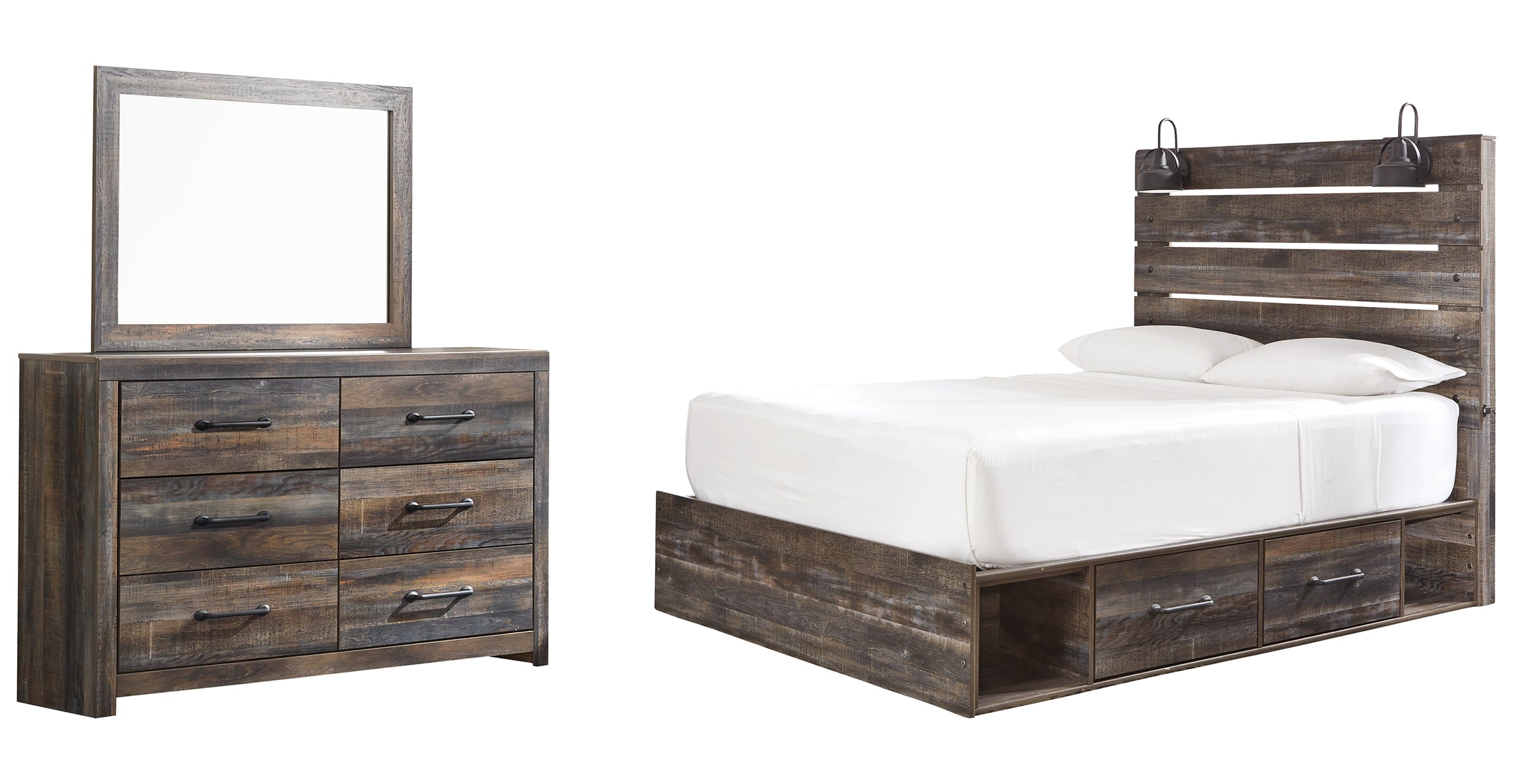 Drystan Queen Panel Bed with 4 Storage Drawers with Mirrored Dresser
