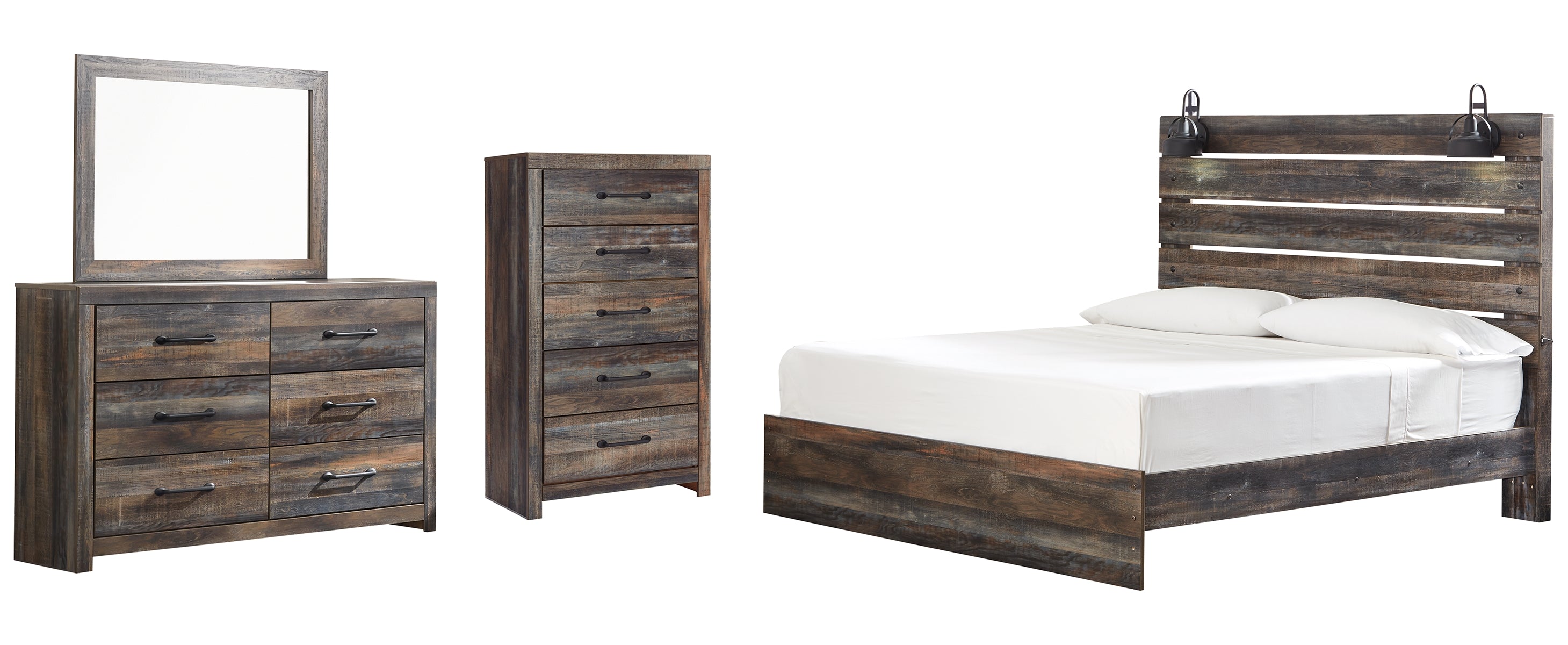 Drystan King Panel Bed with Mirrored Dresser and Chest